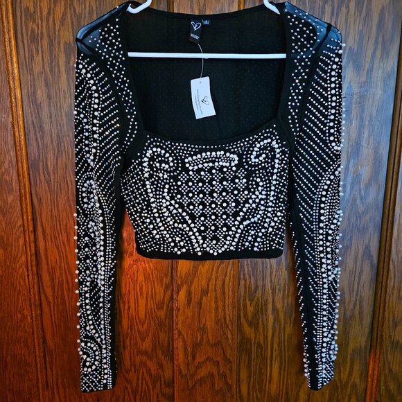 Black Pearl Rhinestone Crop Top - Picture 2 of 6